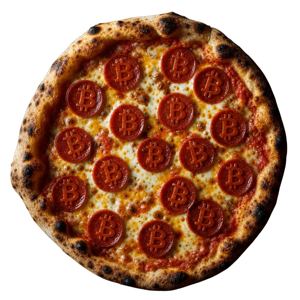 A single wood-fired pizza topped with pepperoni shaped as Bitcoin symbols